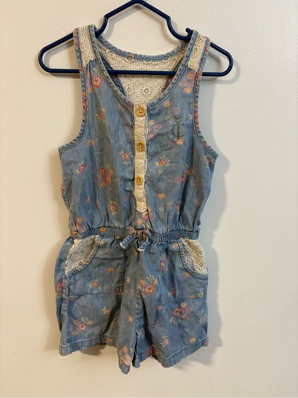 Juicy Couture Blue Floral Denim Romper with Lace Trim Accents 4-5 years
